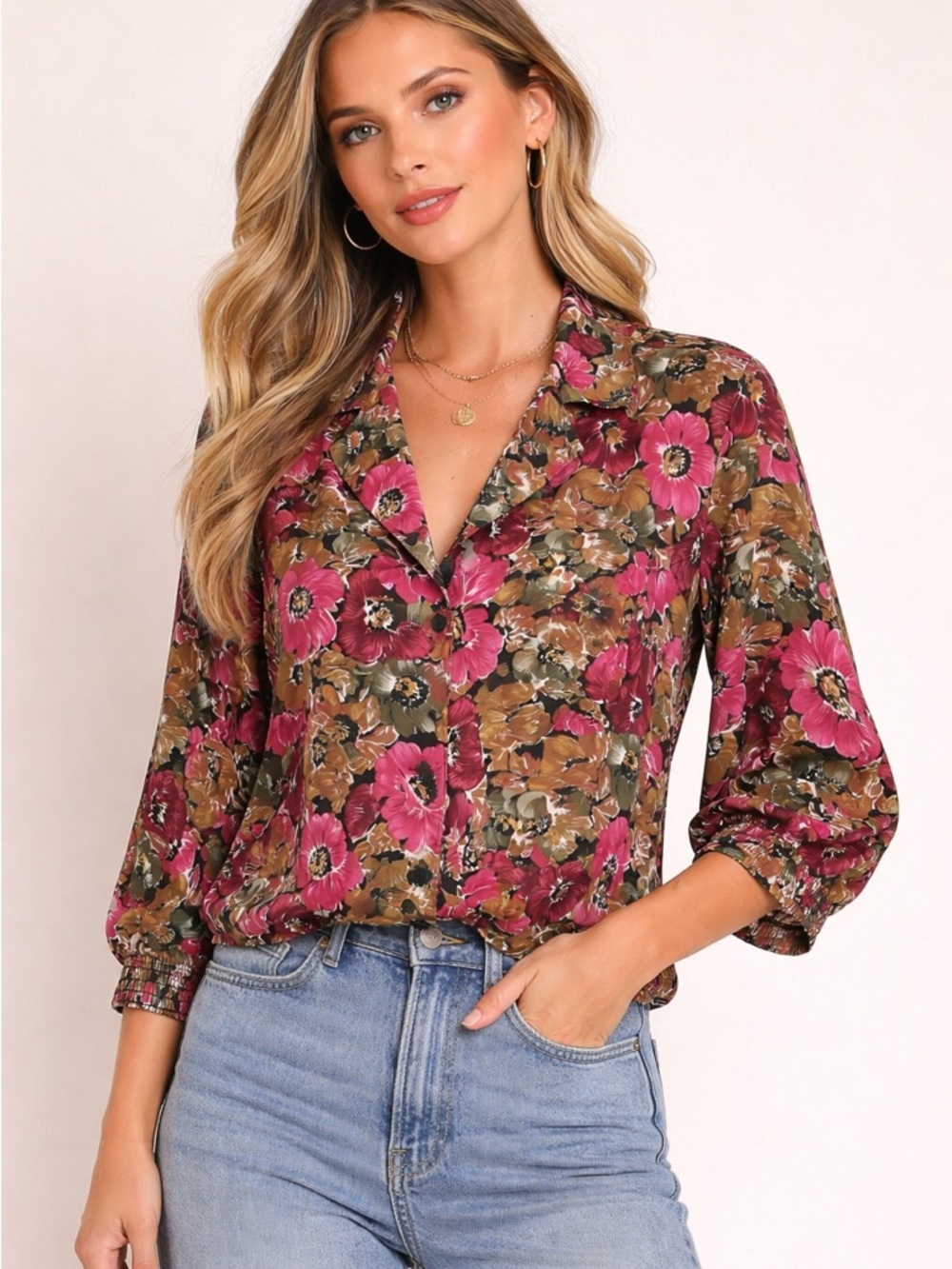 Button-Up Floral Blouse in Pink & Brown